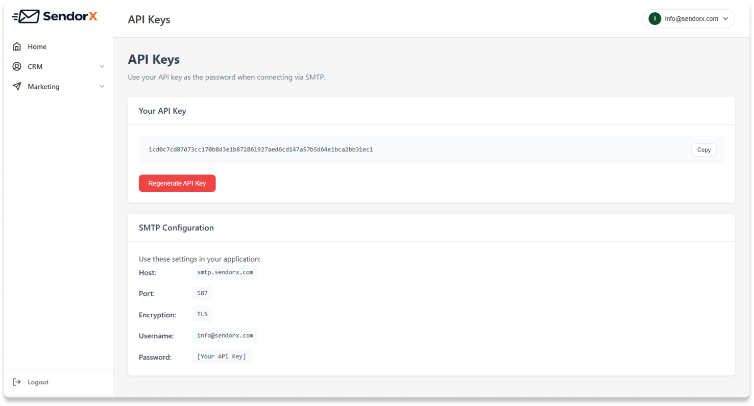SendorX SMTP credentials and API keys